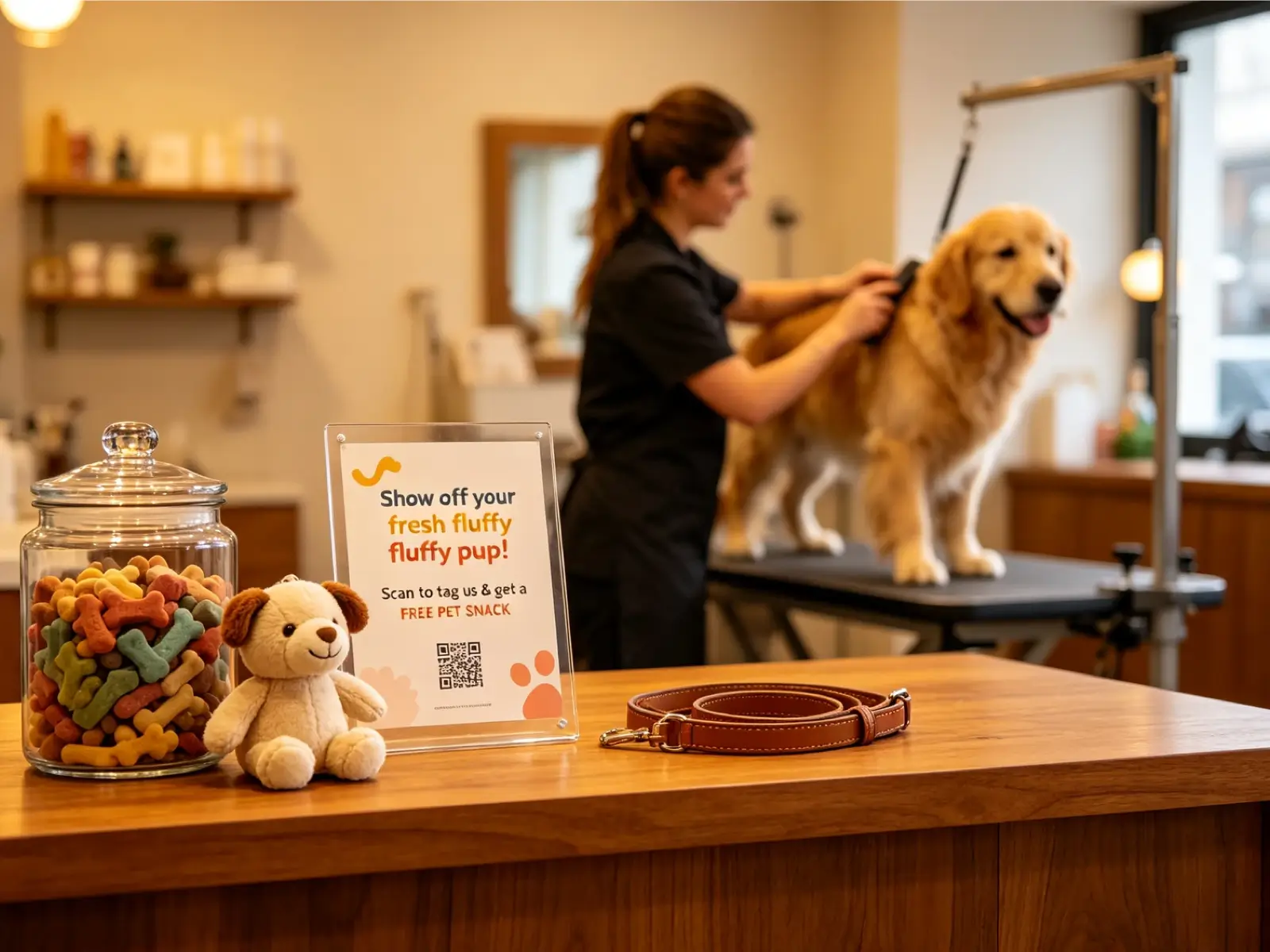 TagTreat QR sign at a pet grooming counter
