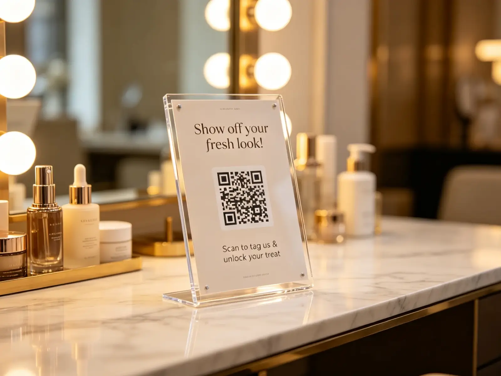 TagTreat QR sign at a warmly lit salon station